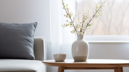 Fototapeta na wymiar Contemporary Living Room with Elegant Sofa and Cozy Fireplace, Modern Home Decor