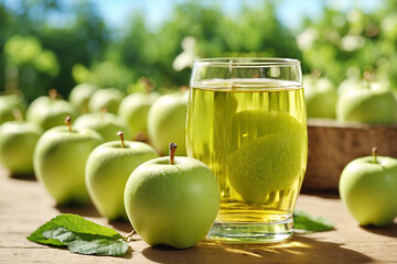Close-up glass of apple juice with green apples.