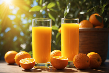 Close-up glasses of orange juice stay among oranges.