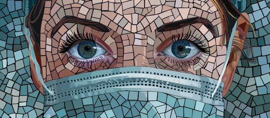 Fototapeta na wymiar Mosaic illustration female nurse with piercing eyes wearing a mask