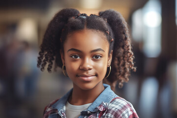 African schoolgirl stands in the school corridor generative AI