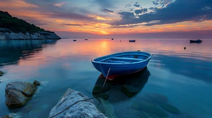 Fototapete Rund boat on the sea at sunset © Manja