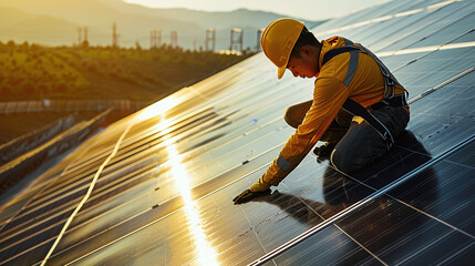 solar installer working on a roof at solar panels  - obrazy, fototapety, plakaty