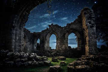Fototapeta na wymiar A starry night sky above an ancient stone ruin, creating a blend of history and cosmos.