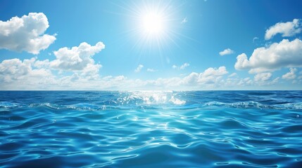 Fototapeta premium A tranquil blue ocean scene basking under the radiant sunshine, illustrating calmness and vastness of the sea