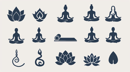 Various yoga icons like a yoga mat, a lotus flower, and a meditation pose, reflecting tranquility and mindfulness.