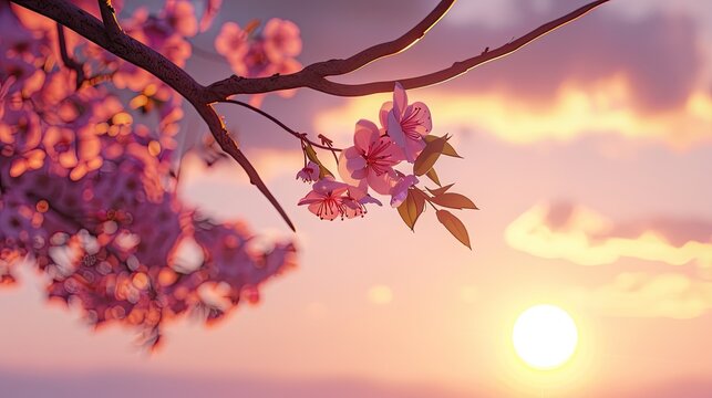 A serene image of cherry blossom branch silhouetted against a vibrant sunset effusing warmth and renewal