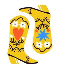 Cowboy boots with star and heart in cartoon stile. Wild West theme. Hand drawn vector illustration for poster, card, t shirt.