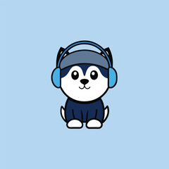 Cute husky wearing headphone vector illustration