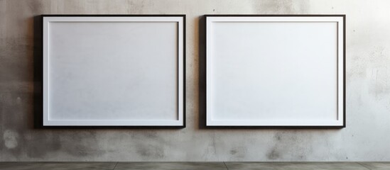 Fototapeta premium Two blank picture frames are hanging on a cement wall in an interior room. The frames are empty, waiting for photos or artwork to be inserted.