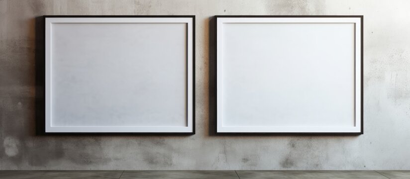 Two blank picture frames are hanging on a cement wall in an interior room. The frames are empty, waiting for photos or artwork to be inserted.