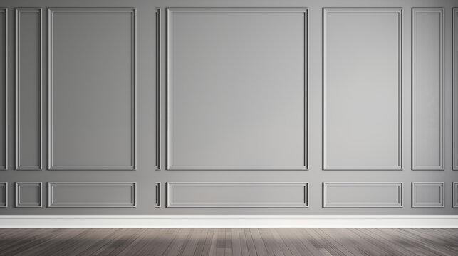 Stylowa minimalistyczna ściana z szarą lamperią i lampami. Nowoczesny wystr&oacute;j domu. Projektowanie wnętrz. Szablon. Tło