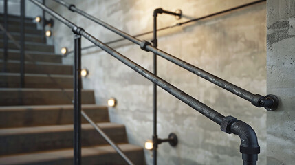 An industrial-style handrail made of black iron pipes, adding a unique flair to a staircase.