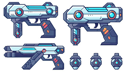 Space Blaster Icon: Blaster Gun for Alien Battles. Multiple Icons. Icon Concept Isolated Premium Vector. White Background