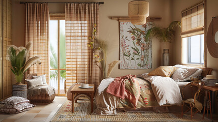 A bamboo curtain rail, adding a natural touch to a bohemian-inspired bedroom.