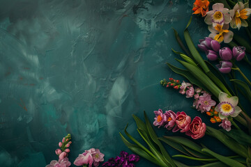 Assorted spring flowers elegantly arrayed on textured green canvas