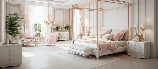 A bedroom featuring a large four-poster canopy bed with soft-colored bedding, alongside matching dressers and a mirror. The furniture is in white, creating a clean and sophisticated atmosphere.