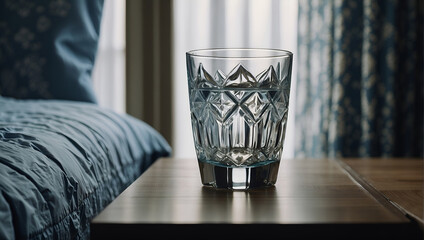 A glass of water stands in the bedroom in the morning.