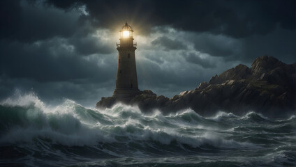 the lighthouse shines at night in a stormy sea, the concept of the path to salvation. - obrazy, fototapety, plakaty