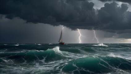 a small sailing boat among thunderstorms and storms in the ocean.