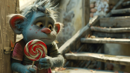 cute little troll with lollipop - obrazy, fototapety, plakaty