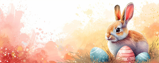 Watercolor illustration of a cute fluffy rabbit sitting on spring field with colorful decorated Easter eggs hiding in the grass. Happy Easter banner or card template with copy space 