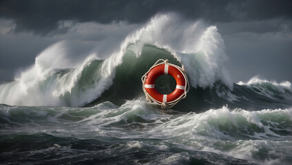 lifebuoy in the middle of a stormy ocean, rescue concept. - obrazy, fototapety, plakaty