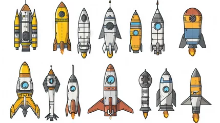 Poster Ruimteschip Rocket Ship Icon: Cartoon Rocket for Space Exploration. Multiple Icons. Icon Concept Isolated Premium Vector. White Background