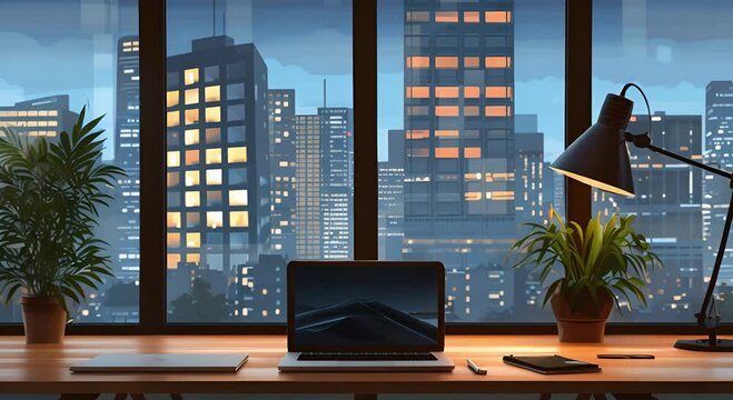 Workplace with laptop on comfortable work desk at office window and city view. 