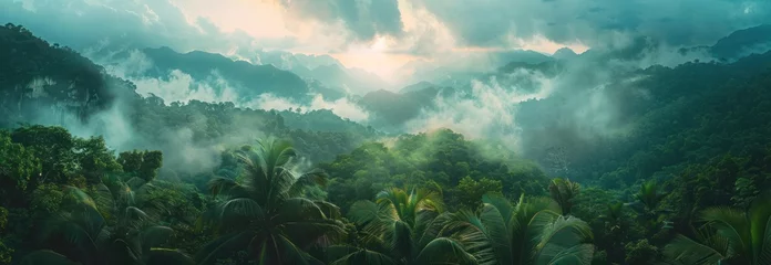 Foto op Canvas a tropical jungle scene with clouds and mountains in the background © olegganko