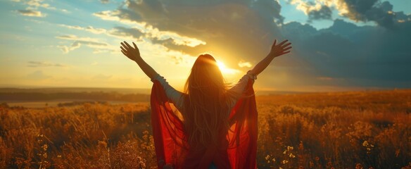 a woman with a red cape is standing on a field and holding up her hands - obrazy, fototapety, plakaty