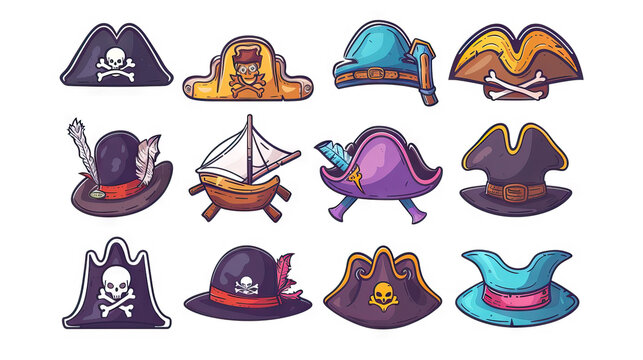 Pirate Hat Icon: Iconic Pirate Hat for Swashbuckling Adventures. Multiple Icons. Icon Concept Isolated Premium Vector. White Background