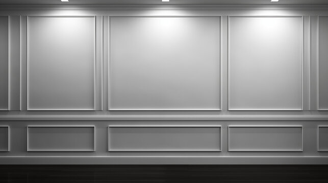 Stylowa minimalistyczna ściana z białą lamperią i lampami. Nowoczesny wystr&oacute;j domu. Projektowanie wnętrz. Szablon. Tło