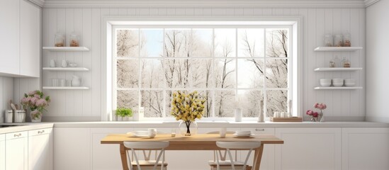 A white dining room with a table, chairs, dinnerware, and a flower. The room features a window, wooden floors, and a small kitchen area, all designed in cozy Scandinavian style.