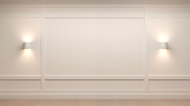 Stylowa minimalistyczna ściana z białą lamperią i lampami. Nowoczesny wystr&oacute;j domu. Projektowanie wnętrz. Szablon. Tło