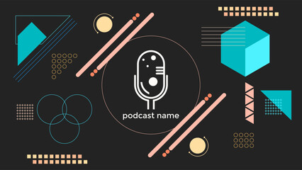 ABSTRACT TEMPLATE PODCAST MICROPHONE FLAT COLOR GEOMETRIC SHAPE MEMPHIS DESIGN DARK BACKGROUND VECTOR. GOOD FOR COVER DESIGN, BANNER, WEB,SOCIAL MEDIA