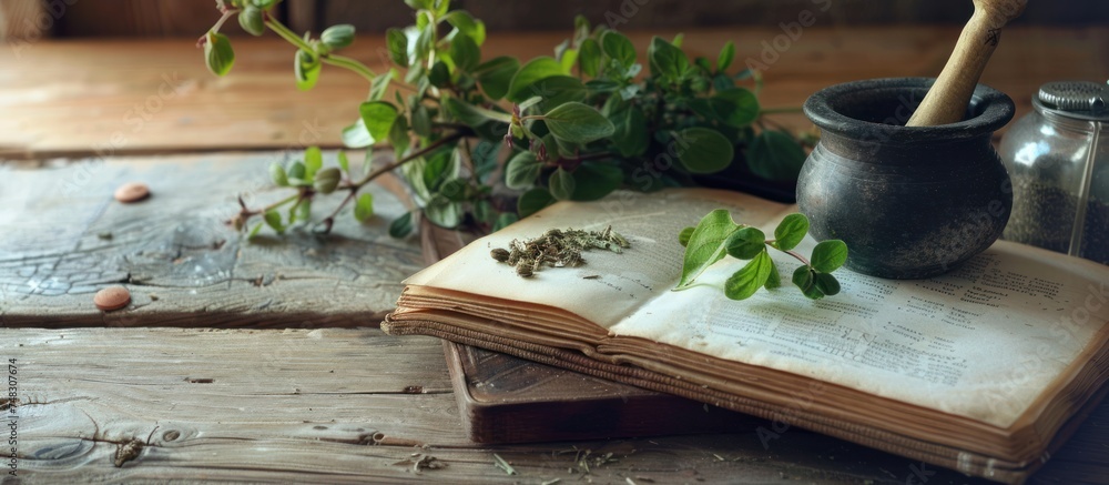 Wall mural pharmaceutical preparations's book and herbs on a table