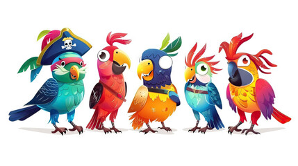 Obraz premium Pirate Parrot Crew: Quirky and Lively Characters for High Seas Adventures. Icon Concept Isolated Premium Vector. White Background