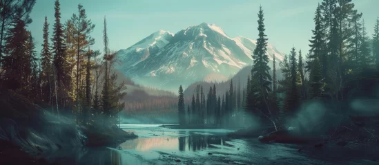 Fotobehang A painting showcasing a spectacular mount enveloped by majestic evergreen forest on each side, with a serene river flowing through the scene. © 2rogan