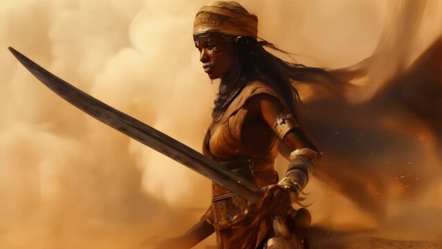 With a raised sword and determination in her eyes, this desert warrior stands tall as the sandstorm envelopes her in a dramatic portrait.