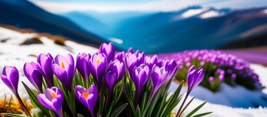 Spring banner purple crocus flowers in mountains snowdrops early spring copy space march april...