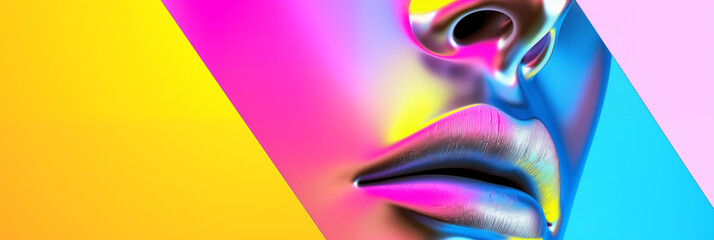Stylized rendition of a face against a multicolored gradient background. Partial view of a face, highlighting luscious lips and a sleek nose, all rendered in bold