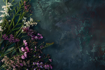 varied flowers including lilies and asters set against a moody textured backdrop, evoking a wild garden essence