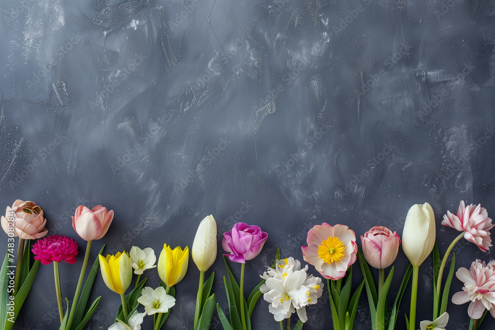 Wall mural Colorful spring tulips and daffodils arranged in a row on a textured dark background