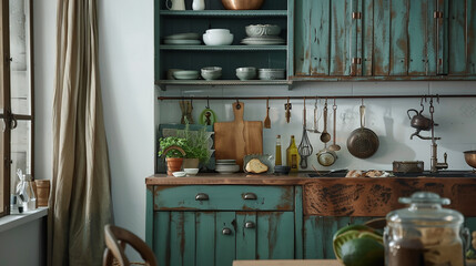 A copper curtain rail with a patina finish, creating a rustic feel in a country-style kitchen.