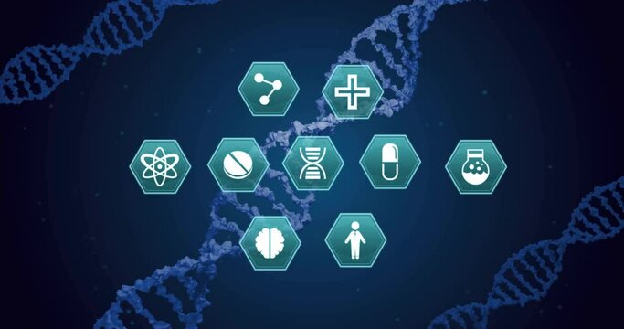 Animation of medical icons over dna on blue background