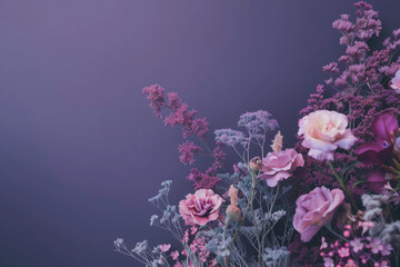 Delicate floral arrangement with roses and wildflowers in pastel purples on a moody background