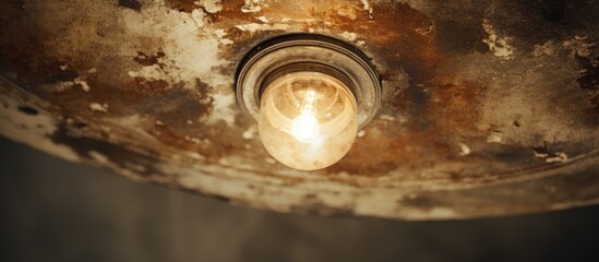 An old ceiling spot light is turned on, casting light in a room. The light shows signs of wear and markings on its surface.