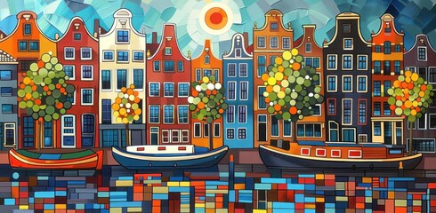 an oil painting of an city waterfront with buildings and boats - obrazy, fototapety, plakaty
