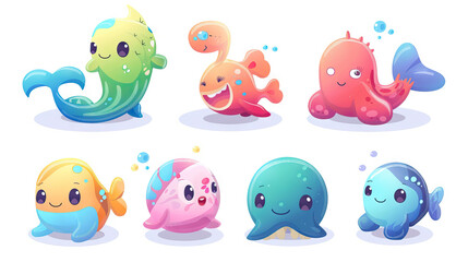 Underwater Friends: Cute and Colorful Sea Creature Characters for Kids' Adventures. Icon Concept Isolated Premium Vector.